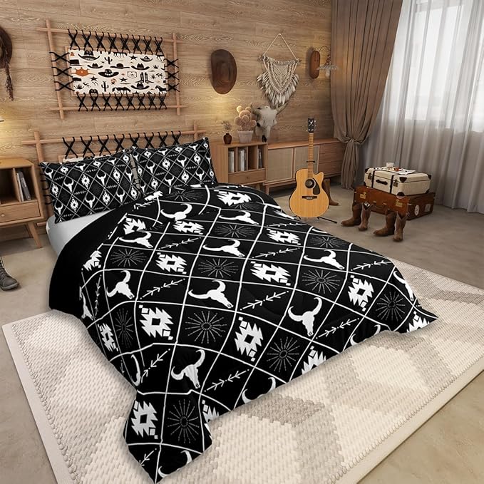 Erosebridal Bull Skull Bedding Set for Boys, Ethnic Western Horns Comforter Set Twin Size Tribal Aztec Boho Southwestern Quilt Farmhouse Animal Vintage Duvet Insert, 1 Pillow Case, Black White