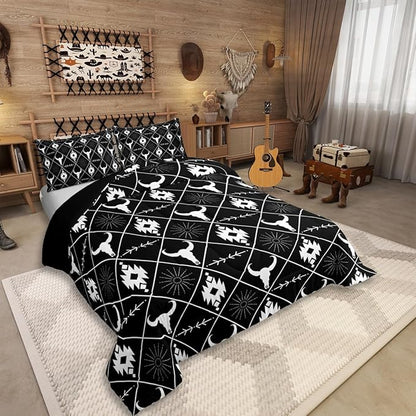 Erosebridal Bull Skull Bedding Set for Boys, Ethnic Western Horns Comforter Set Twin Size Tribal Aztec Boho Southwestern Quilt Farmhouse Animal Vintage Duvet Insert, 1 Pillow Case, Black White