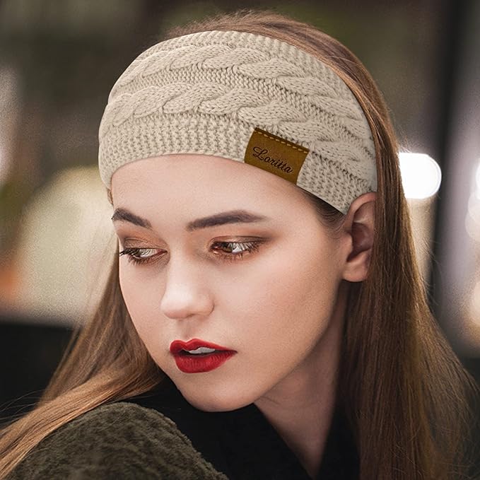 Loritta 2 Pack Headbands for Women Winter Warm Cable Knit Ear Warmer Thick Head Wrap Fuzzy Fleece Lined Gifts