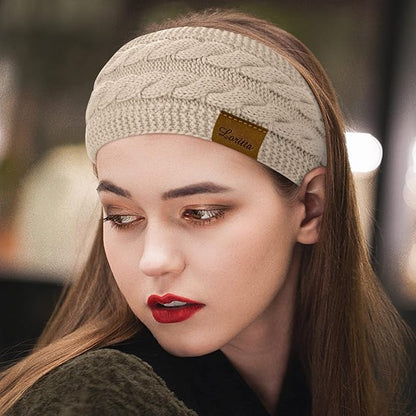 Loritta 2 Pack Headbands for Women Winter Warm Cable Knit Ear Warmer Thick Head Wrap Fuzzy Fleece Lined Gifts