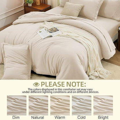 FUANNA Twin XL Comforter Set Beige, 5 Pieces Soft Twin XL Size Bedding Sets, All Season Lightweight Bed in a Bag with Comforter, Flat Sheet, Fitted Sheet, Pillowcase & Sham