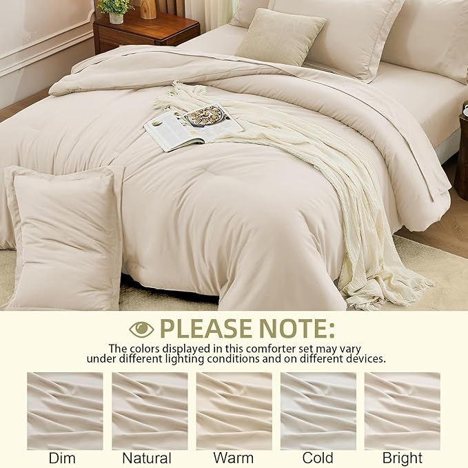 FUANNA Full Size Comforter Sets Beige, 7 Pieces Soft Bed in a Bag Full, All Season Lightweight Bed Sets with Comforter, Flat Sheet, Fitted Sheet, Pillowcases & Shams