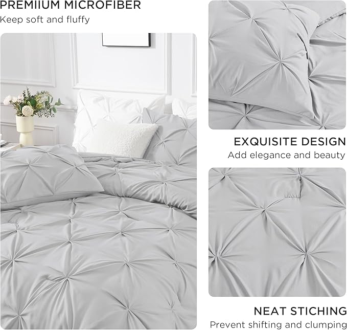 Andency Light Grey Oversized King Comforter Set (120x98Inch), 3 Pieces Pinch Pleat Cal King Bedding Comforters & Sets, Oversized Pintuck Soft Fluffy Down Alternative Bed Set for All Season