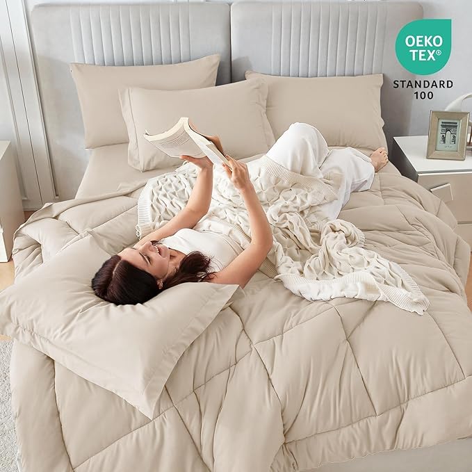 Sasttie Queen Comforter Set, Beige 7 Pieces Bed in a Bag Queen, Complete Bedding Set Includes Comforter, Flat Sheet, Fitted Sheet, Pillowcases and Pillow Shams, Beige