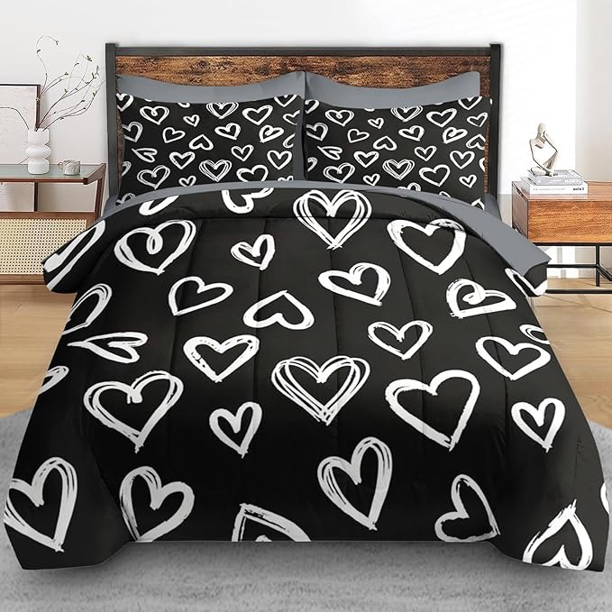 Comforter Set Queen Size, Love Cute 7 Pcs Bedding for Kids and Adults, Heart White Bed Sheet Sets with Fitted Sheet 2 Pillowcases & 2 Shams for Bedroom Bed Decor