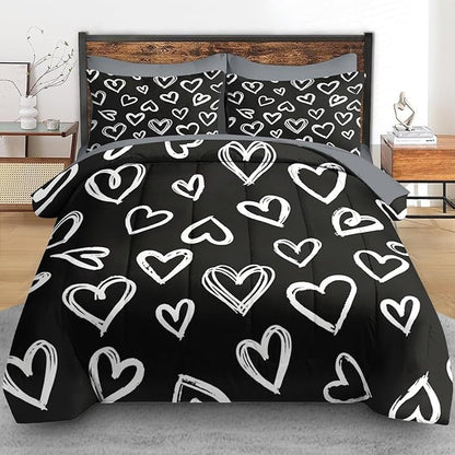 Comforter Set Queen Size, Love Cute 7 Pcs Bedding for Kids and Adults, Heart White Bed Sheet Sets with Fitted Sheet 2 Pillowcases & 2 Shams for Bedroom Bed Decor