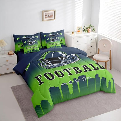 Erosebridal Football Bed in A Bag American Soccer Sports 7 Piece Bedding Set Rugby Sports Games Comforter Set with Sheets Blue Green Soft Lightweight Bed Set Queen for Kids Boys Teen Adults
