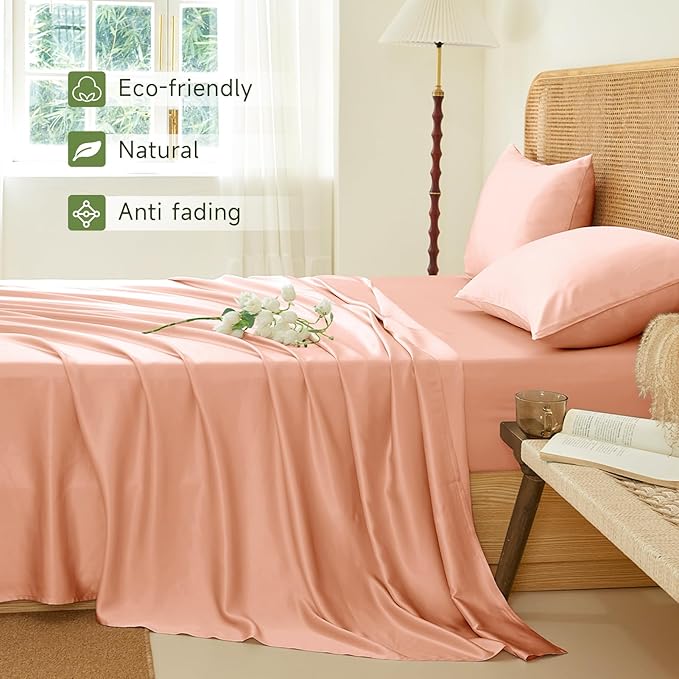 THXSILK Luxury Mulberry Silk Bed Sheets Set - 4pcs Silk Sheets Set 16" Deep Pocket - 1 Flat Sheet, 1 Fitted Sheet, 2 Pillowcases with Zipper Closure - Full, Peachy Pink