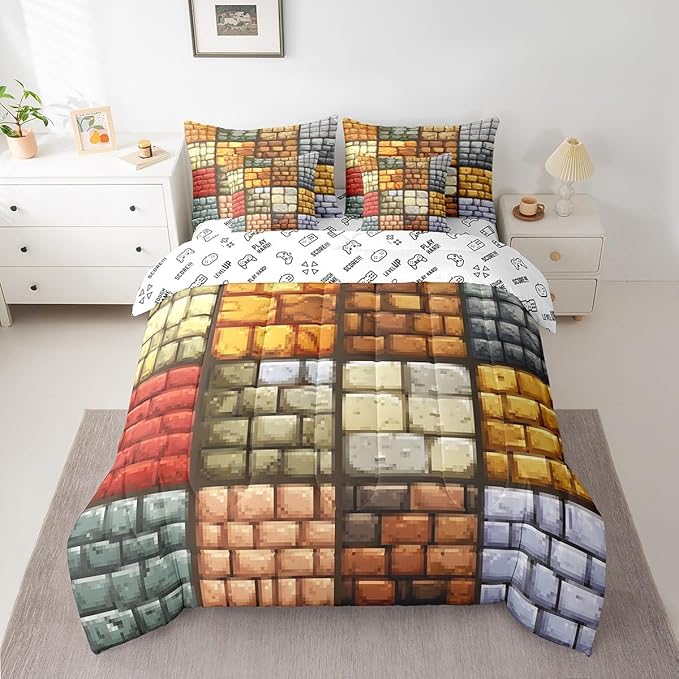Pixelated Themed Games 7Pcs Comforter Set Twin Size,Miner Video Games Bedding Sets for Kids Boys Teens Men Bedroom Decor,Geometric Grid Wall Fitted Flat Sheet Brown Grey 2 Throw Pillow,2 Pillowcases
