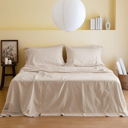 Simple&Opulence Belgian Linen Sheet Set Solid Color - 6 Pieces (1 Flat Sheet & 1 Fitted Sheet & 4 Pillowcases) 16" Deep Pocket Natural Flax Cotton Blended Soft Bedding - Linen, Queen Size