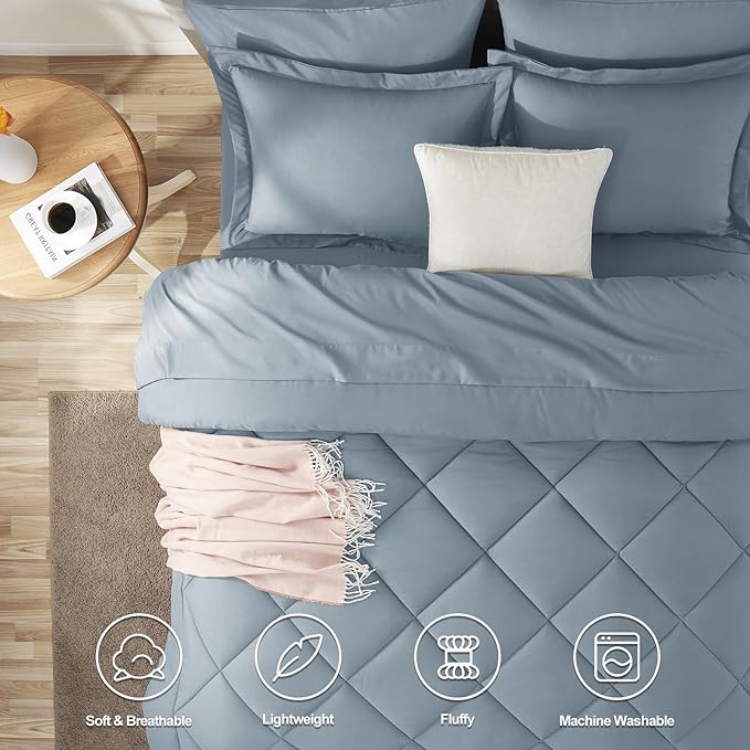 CozyLux Oversized King Comforter Set Dusty Blue, 7 Pieces Bed in a Bag Comforter Set with Sheets, All Season Bedding Set with Down Alternative Comforter, Sheets, Pillowcases & Shams