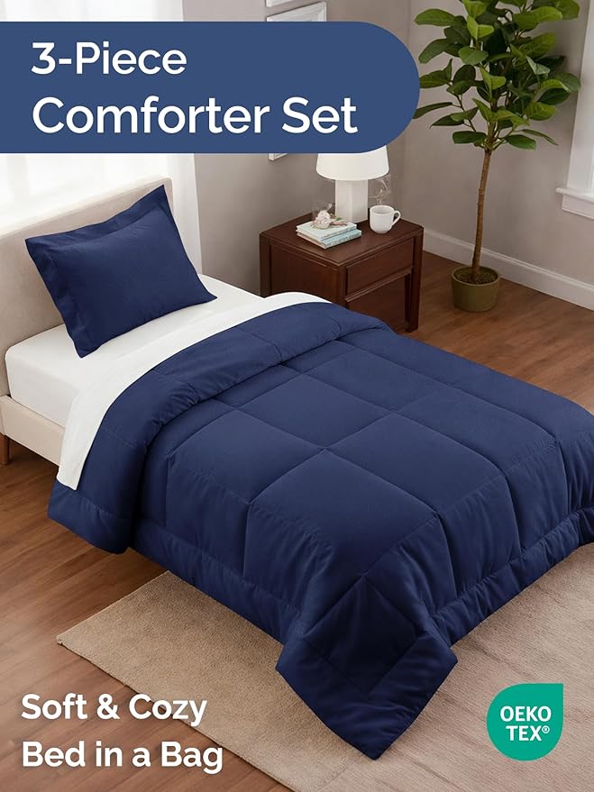 Twin Comforter Set - 2 Piece Bed Set for All Seasons - 1 Soft Quilted Comforter with Corner Tabs & 1 Pillow Sham - Comfy, Cozy & Breathable - Premium Down Duvet Insert, Oeko-TEX - Twin Size, Navy Blue