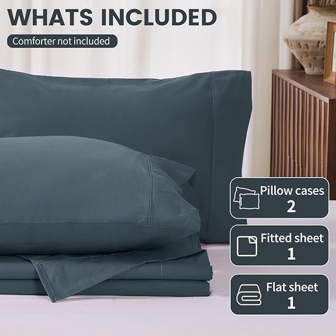 100% Linen Sheets Queen Size,Breathable & Durable 4-Piece Bed Flax Sheet Set,Soft All-Season Bedding for Hot Sleepers 16" Deep Pocket Oeko-TEX Certified,（Queen, Navy Grey）