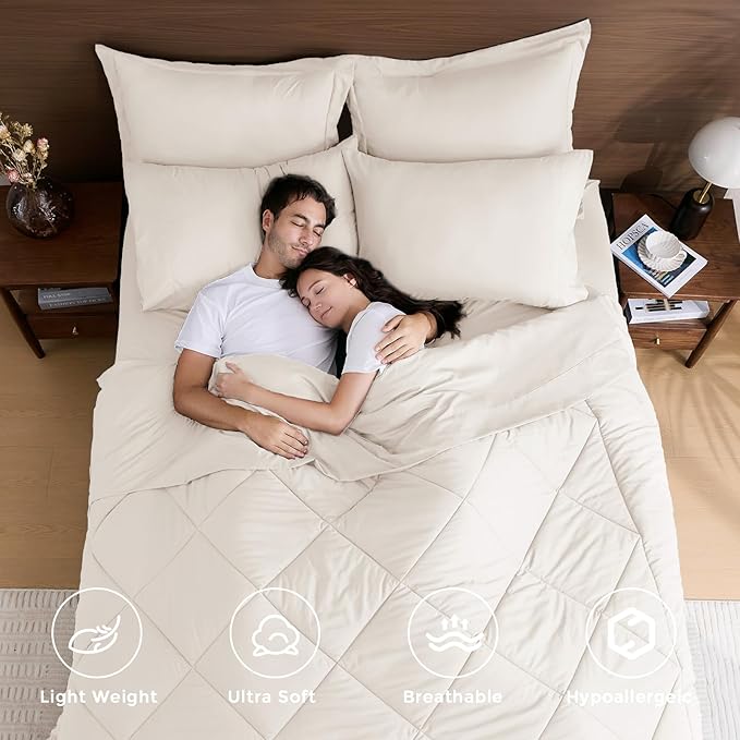 HEVUMYI Ivory Queen Comforter Set - 7-Piece All Season Bed in a Bag Queen, Ultra Soft Bedding Set with Comforter, Flat Sheet, Fitted Sheet, Pillowcases, Pillow Shams