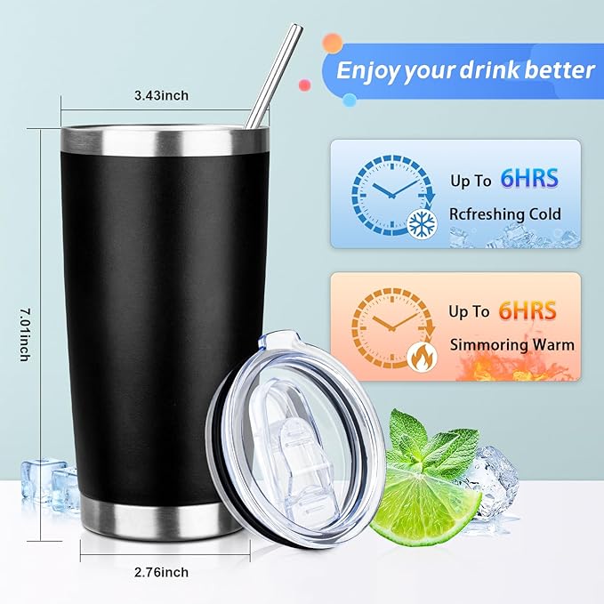 20oz Tumbler with Straw and Brush, Stainless Steel Vacuum Insulated tumbler, Double Wall Insulated Coffee Tumbler for Outdoor, Home, Travel,Office (Black,4pcs)