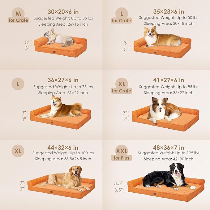 EHEYCIGA Large Dog Bed Memory Foam for Crate, Orthopedic Dog Bed Large Size Dogs with Washable Removable Cover, Waterproof Pet Sofa Couch with Nonskid Bottom, 35x22x6, Pumpkin
