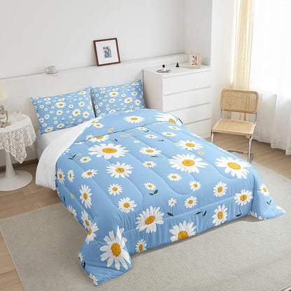Manfei White Daisy Comforter Set King Size, Botanical Garden Artwork Quilt Set with 2 Pillowcases, Plants Theme Floral Bedding Set 3pcs for Kids Girls Room Decor Lightweight Duvet Insert