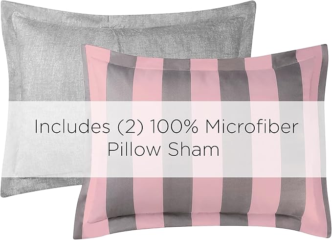 Juicy Couture Cabana Stripe Reversible Bedding Set - King Size - Pink and Grey Stripe Print - 6 Piece Set - Includes 1 104 x 90 Comforter, 3 Decorative Pillows, 2 Shams