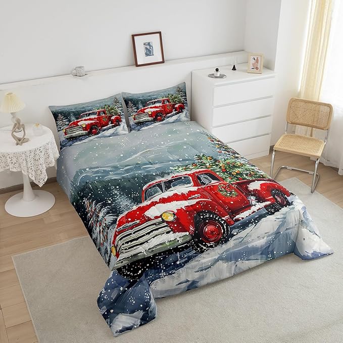 Red Christmas Truck Comforter Set Full Size,Winter Snow View Bedding Set 3pcs for Kids Boys Girls Adults Room Decor,Happy New Year Themed Quilt Set Xmas Pine Duvet Insert,2 Pillowcases