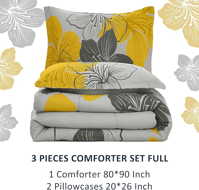 Menghomeus Floral Comforter Set Full Yellow Floral Pattern Printed on Grey - Soft Microfiber Bedding Set Lightweight Boho Bed Comforter Set for All Season, 3 Piece