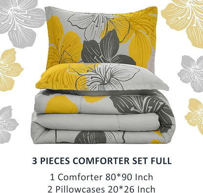 Menghomeus Floral Comforter Set Full Yellow Floral Pattern Printed on Grey - Soft Microfiber Bedding Set Lightweight Boho Bed Comforter Set for All Season, 3 Piece