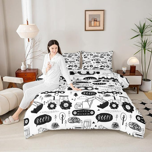 Cartoon Cars Kids Comforter Set King Size,Tractor Truck Excavator Toddler Bedding Set,Girls Boys Adults Room Decor,Construction Vehicles Down Comforter,Black White Chic Duvet Insert,2 Pillowcases