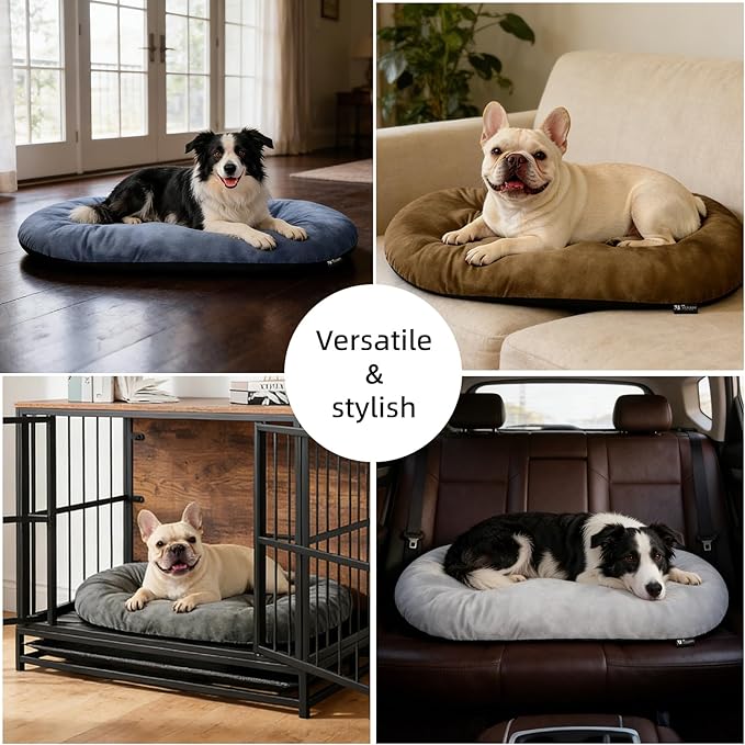 Washable Large Dog Bed 35x22 Inch - Silver Fox Faux Fur Supportive Pad, Non-Slip Bottom Durable Oval Pet Bed Indoor Outdoor for Medium Dogs Cats(Mist Blue)