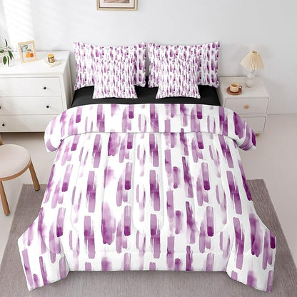 Erosebridal 7Pcs Purple Pink Striped Comforter Set King for Women Men,Modern Geometric Abstract Bedding,Gradient Art Aesthetic Bed in A Bag,Contemporary Boho Graffiti Quilt Set with Pillowcases