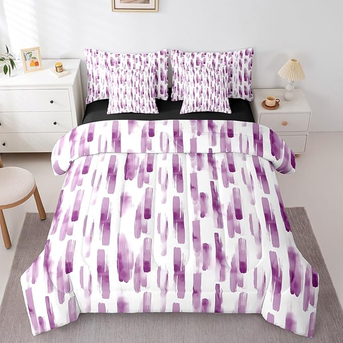 Erosebridal 7Pcs Purple Pink Striped Comforter Set Full for Women Men,Modern Geometric Abstract Bedding,Gradient Art Aesthetic Bed in A Bag,Contemporary Boho Graffiti Quilt Set with Pillowcases