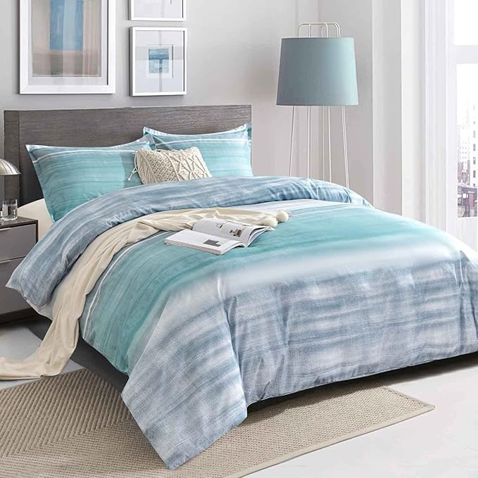 King Size Comforter Set, Blue, Grey and Teal Striped Pattern Print Reversible Down Alternative Bed Sets - 104 x 90 3PC Soft Microfiber Duvet Sets Modern Abstract Bedding in a Bag for Women Men, Gray