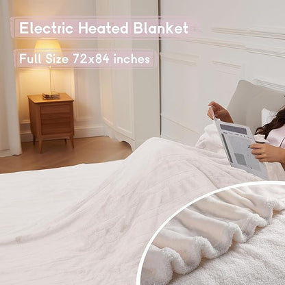 Heated Blanket Electric Blanket Full Size 72''x84'' with 9 Heating Levels, 1-10 Hour Auto Shut Off, Machine Washable, Flannel & Sherpa Soft Warming Blanket for Couch, Bed, Office - White
