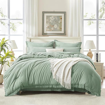 Andency Oversized King Comforter Set with Sheets 120x120 Sage Green - 7 Pieces Boho Tassel Bed in a Bag Soft Lightweight Bedding Sets, Fringe Bed Set with Comforter, Sheets, Pillowcases & Shams