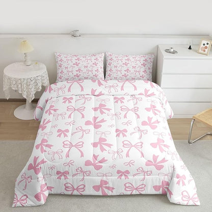 Erosebridal Pink Bow Bedding Set for Girls,Cute Kawaii Bowknot Comforter Set King Size for Kids Teen Women,Romantic Coquette Bow Bedding Comforter Sets Dreamy Princess Style Bed Set