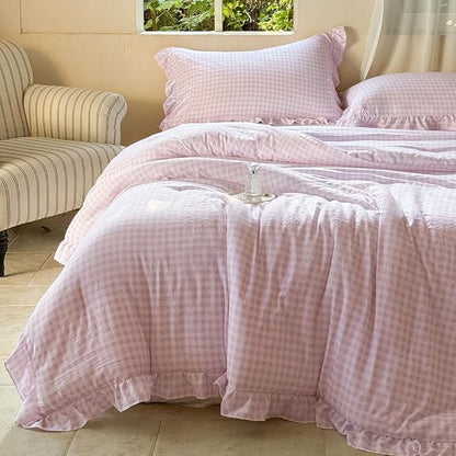NSNLGSGC Pink Ruffle Gingham Comforter Set Queen, Pre-Washed Ruffled Plaid Checked Comforter Bedding, 3 Pieces Vintage Farmhouse Grid Bedding Set(Pink Gingham, Queen)