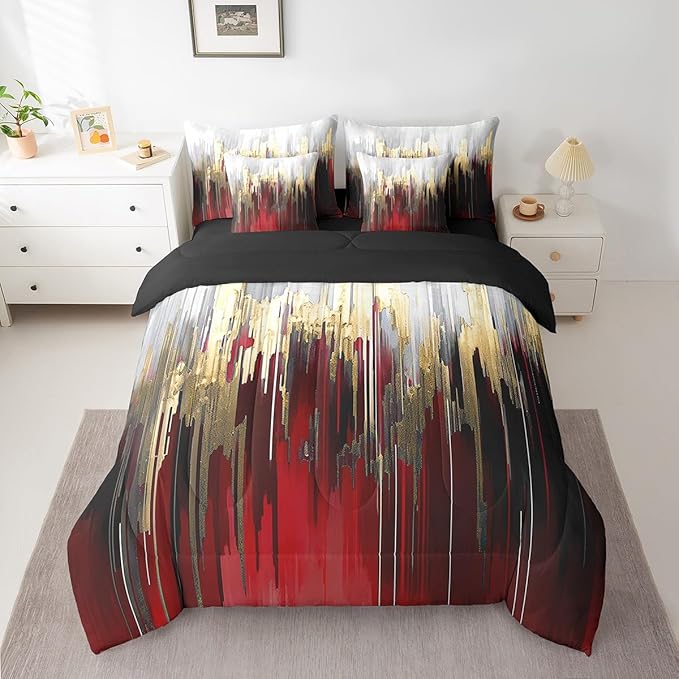 Burgundy Bed in a Bag 7-Piece Graffiti Ombre Bedding Set, Brush Strokes Oil Painting Queen Size Comforter Set Modern Contemporary Bedding Comforter Sets, Gold Metallic Abstract Gradient Bed Set