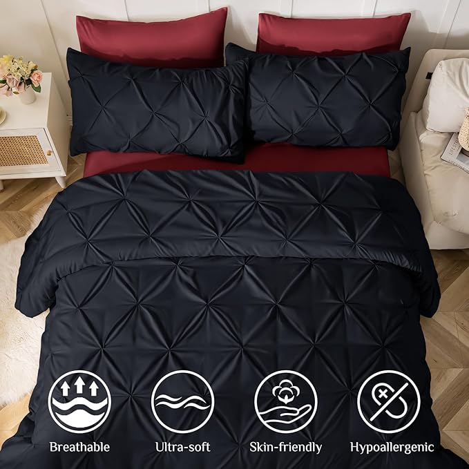 JOLLYVOGUE Twin Comforter Set 7 Pieces - Bed in a Bag Twin for All Season, Pintuck Bedding Comforter Sets with Comforter, Flat Sheet, Fitted Sheet and Pillowcases & Shams, Black & Burgundy