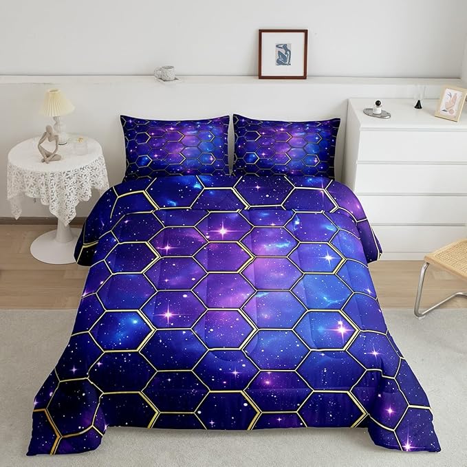 Manfei Yellow Honeycomb Comforter Set King Size, Blue Galaxy Bedding Set 3pcs, Geometric Hexagon Print on Starry Sky Down Comforter for All Season, Kids Boys Girls Room Decor, 2 Pillowcases