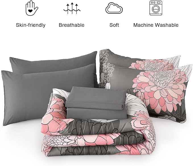 Yiran Grey Pink Comforter Queen Size 7 Pieces Floral Bed in a Bag Comforter Set Soft Microfiber Bedding Sets for All Season with Flat Sheet Fitted Sheets Pillowcases & Pillowshams