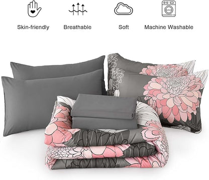 Yiran Full Size Comforter Sets,7 Pieces Grey Pink Floral Comforter Set with Flowers Pattern,Soft Microfiber Bedding Set for All Season(90"x78")
