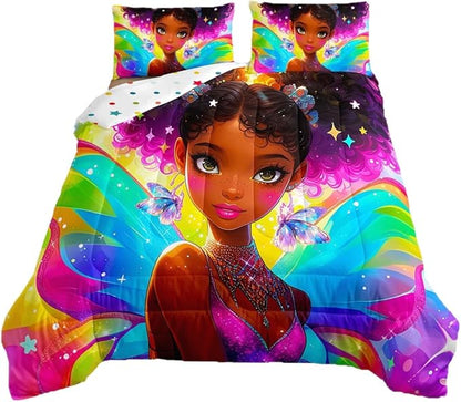 Erosebridal Black Girls Bedding Set Afro Girl Twin Comforter Set for Girls,American African Princess Magical Quilt for Toddler Kids Teenager,Dreamy Butterfly Cute Room Decor Aesthetic