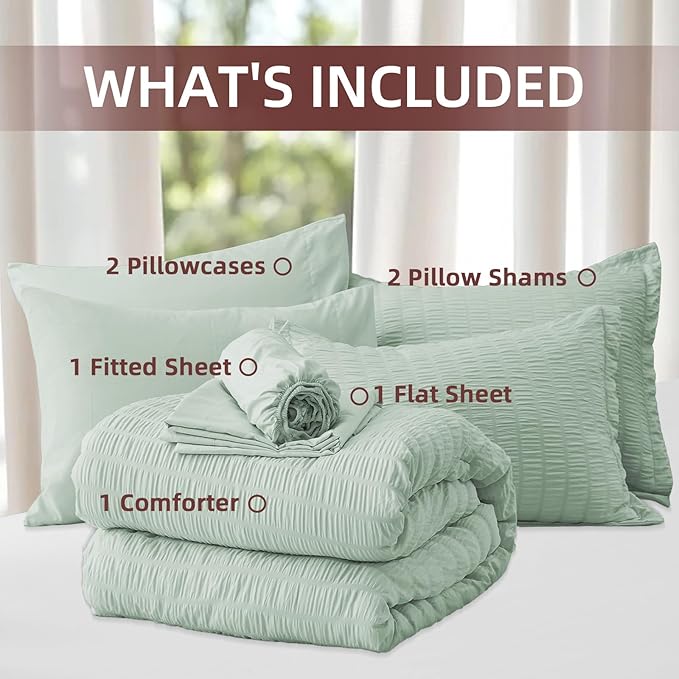 FUANNA Queen Comforter Set 7 Pieces, Luxury Seersucker Bed in a Bag Queen Size for All Seasons, Soft Bedding Set with Comforter, Flat Sheet, Fitted Sheet, Pillowcases & Shams for Bedroom, Sage Green