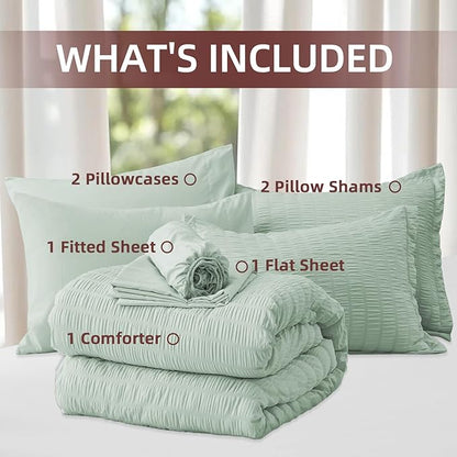 FUANNA Queen Comforter Set 7 Pieces, Luxury Seersucker Bed in a Bag Queen Size for All Seasons, Soft Bedding Set with Comforter, Flat Sheet, Fitted Sheet, Pillowcases & Shams for Bedroom, Sage Green