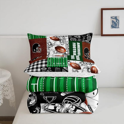 Feelyou Rugby Comforter Set Full Size Soccer Ball Game Comforter for Boys Girls Teens Football Bedding Set Gift for Football Lover Duvet Set Green Brown Black Quilt Set
