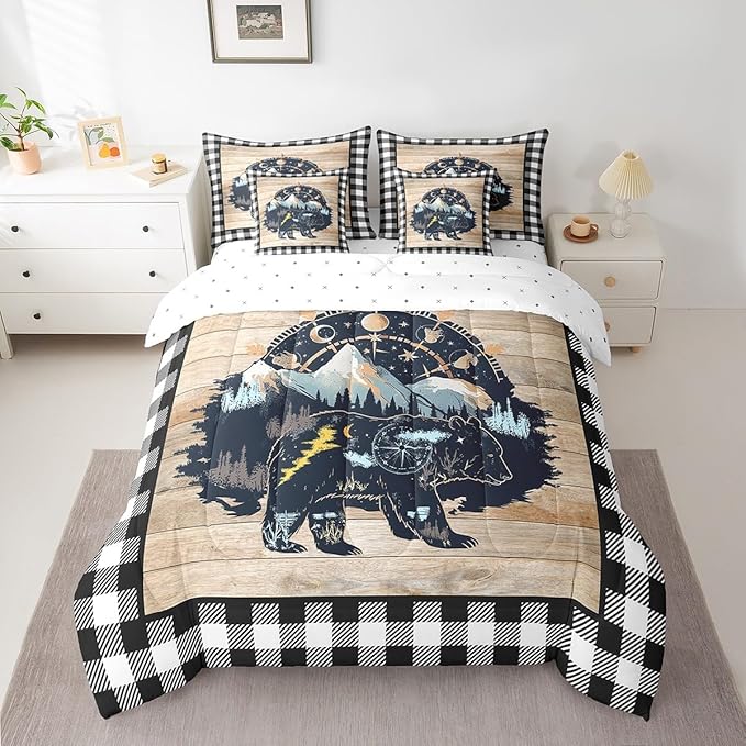 Erosebridal King Size Hunting Bears 7Pc Rustic Farmhouse Bed-in-a-Bag (1 Comforter, 1 Flat Sheet, 1 Fitted Sheet, 2 Pillowcases, 2 Throw Pillow Covers)