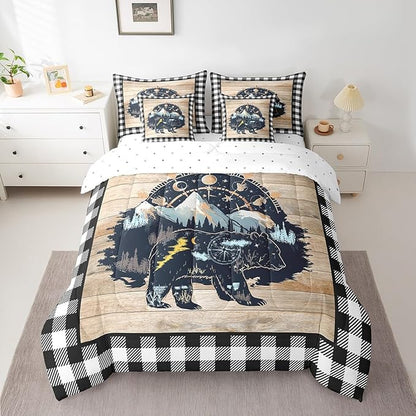 Erosebridal King Size Hunting Bears 7Pc Rustic Farmhouse Bed-in-a-Bag (1 Comforter, 1 Flat Sheet, 1 Fitted Sheet, 2 Pillowcases, 2 Throw Pillow Covers)