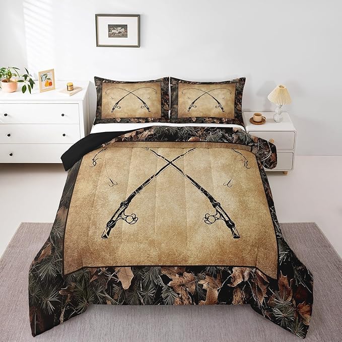 Erosebridal Rustic Fishing Twin Comforter Set Gifts for Kids Boys Men Women,Retro Camo Fishing Rod Bedding Set Country Farmhouse Lake Cabin Quilt Bedding Sets Tree Branch Camouflage Bed Set 2 Pcs