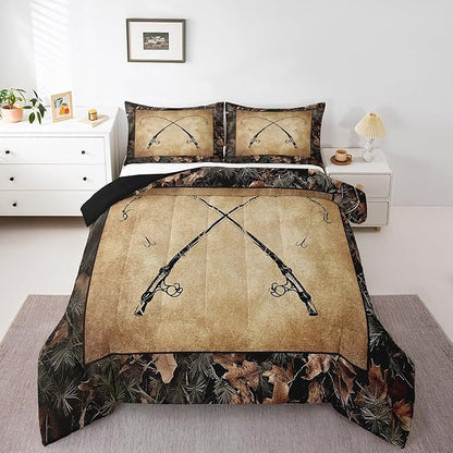 Erosebridal Rustic Fishing Twin Comforter Set Gifts for Kids Boys Men Women,Retro Camo Fishing Rod Bedding Set Country Farmhouse Lake Cabin Quilt Bedding Sets Tree Branch Camouflage Bed Set 2 Pcs
