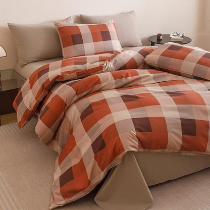 Cottonight Checkered Red Comforter Set Twin Gingham Grid Bedding Set Red and Khaki Grid Comforter Fluffy Soft Bedding Set Kids Teens Twin Comforter with 2 Pillowcases