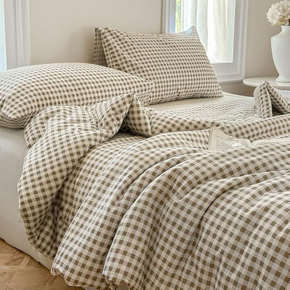 NSNLGSGC Tan Gingham Cotton Comforter Set Twin, 100% Washed Cotton Taupe Plaid Checked Comforter Bedding, 2 Pieces Vintage Farmhouse Grid Bedding Set(Tan Gingham, Twin)