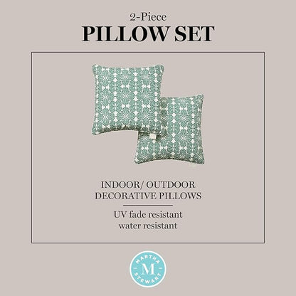 Martha Stewart Tulum Indoor Outdoor Decorative Pillow 2-Pack Set, UV Fade Resistant, Water Repellent, Printed Modern Design, Green, 18"x18"
